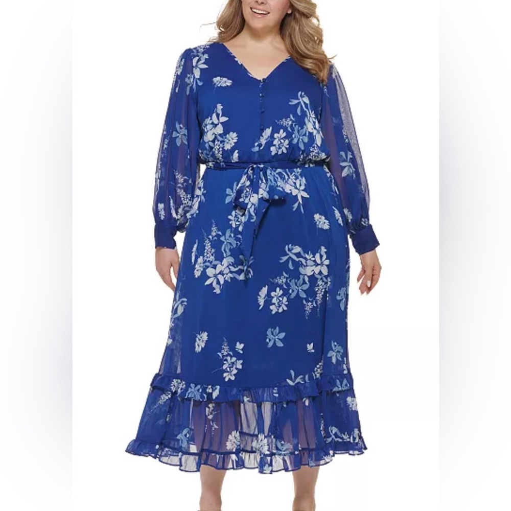 Calvin Klein Layered Chiffon Floral Maxi Dress